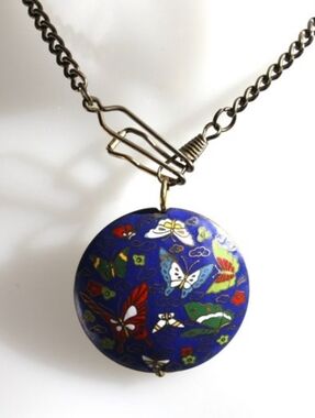 Vintage cloisonne Pendant Necklace Blue Butterflies colourful choker style